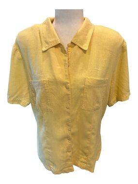 Sharon Young Sunny Yellow Short-Sleeve Linen Button-Front Shirt- Made in The USA